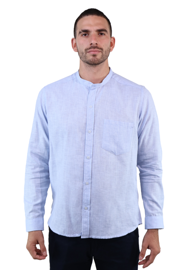 Camisa Manga Larga Azul Slim Fit Cuello Mao Textura Lino Para Hombre